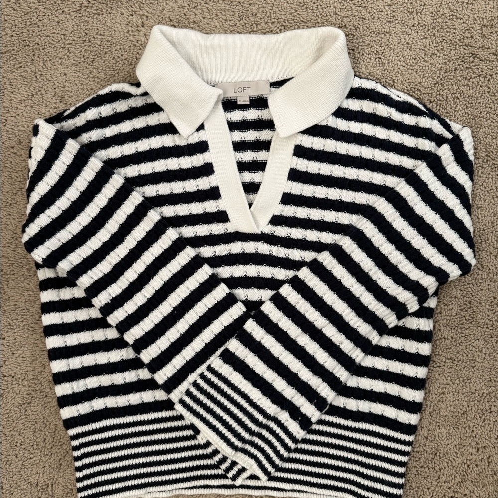 LOFT Striped V-Neck Sweater in Navy and White
